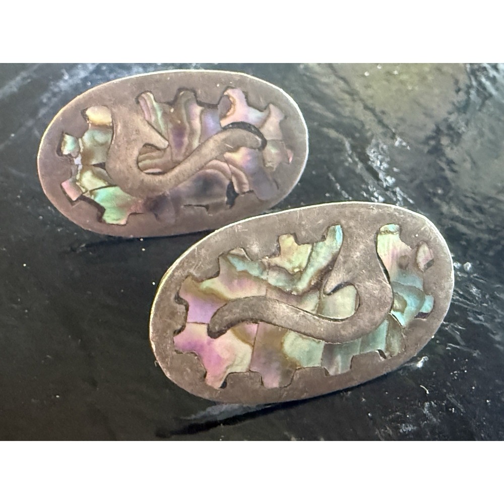 Vtg Mid Century Mexican Sterling Silver Abalone Inlay Screw Back Earrings CBR 7g